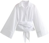 TRZA-Women's Long Sleeve Kimono Blouses With Bow Tie, Front Button, Female Shirts, Chic Tops, Fashion