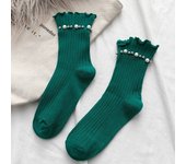 1 Pair Women's Mid Length Socks Pearl Decoration Fashion Pleated Pile Up Socks Lace Lace Lolita Jk Versatile Girls' Cotton Socks