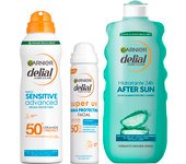 GARNIER | Delial Pack Sensitive Advanced Bruma Protectora Solar para pieles claras, sensibles e intolerantes al sol IP50+ + SUPER UV FPS50+ Bruma Protectora Facial con Textura Invisible + After Sun Leche Calmante Rostro y Cuerpo Aloe- 150+75+400ml