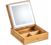 NQT Organizador Cométicos de Bambú con Separadores con Cajones Espejo y Luz LED - Caja Almacenamiento para Maquillaje