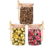 Paquete de 3 Tarros de Vidrio con Tapa Hermética Madera y Cuchara,Recipientes de Cristal de 600ml,Recipientes de Vidrio para Almacenamiento de Alimentos,Tarros de Cristal para Café Té Azúcar Especias