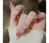Matte Medium  Ballerina Press On Nail Pink And White False Nails With Glitter Flower Designs Artificial Reusable Fake Nails