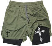 Men's cross printed 2-in-1 training shorts with compression lining, Christian gym sports shorts, phone pocket, towel buckle, run