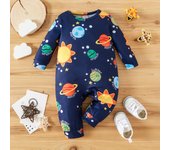 PatPat Baby Boy All Over Solar System Planets and Letter Print Dark Blue Long-sleeve Jumpsuit Soft and Comfortable