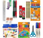 BOEMY Kit Escolar para todo el año, Listo para el Inicio del Cole: Gomas Milan, Lápices 2 HB, Pegamento Pritt y Rotuladores Bic Jovi, Tijeras y Afiladores de Lapices Faibo. All in 1- El regreso a Clase con todo