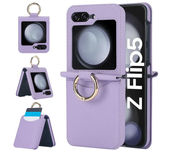 Cross Grain Leather Ring Phone Case for Samsung Galaxy Z Flip 6 5 4 3 Flip5 Flip4 Flip6 Wallet with Card Holder Shockproof Cover