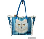 MEJORADA Bolso de playa o piscina grande con estampados de animales mascotas{GATOS Y PERROS} con fleco de borla blanco de algodon,tamaño 55*37*19CM.contiene bolsillos interior y forros.tejido 100% poliéster