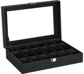 SONGMICS Caja de Relojes con 12 Compartimentos, Estuche de Relojes con Tapa de Cristal, Cojín Extraíble, Cierre Metálico, Idea de Regalo, Cuero Sintético Negro y Forro Gris/Negro y Forro Negro/Cuero Sintético Negro y Forro Biege