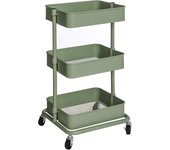 Carrito de almacenamiento con ruedas de 3 niveles, estantes de altura regulable y 2 frenos, verde oliva, BSC060C01