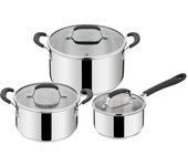 Tefal by Jamie Oliver, set de 3 ollas de acero inoxidable, apto para todo tipo de cocinas incluso Inducción, asas stay-cool, tapas de cristal, marcas de medición,