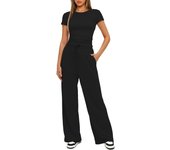 Fashion Classic Skinny Two Piece Outfits Summer Short Sleeve Ruched Tops And Wide Leg Long Pants Tracksuit Matching Set For Lady