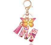 Llavero con letras iniciales para mujer, borla, mariposa, rosa, morado, bonito llavero para coche, para cartera, mochila, bolso, dije, M, rosa