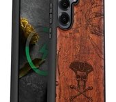 Funda magnética de madera para Galaxy S25+ y Samsung S25 Plus, carcasa de TPU a prueba de golpes con grabado de madera, compatible con cargadores inalámbricos MagSafe (La Parca Tallada) Blackwood