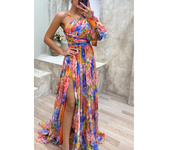 Women's Autumn Long Sleeved Waist Tied Casual Print Slit Dress with Slanted Collar and Off Shoulder Holiday Party Fashion Dress