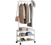HOGUITA-Perchero de Metal Multifuncional con 3 Niveles y Ganchos, Estante Organizador de Ropa con Ruedas, Ideal para Entrada, Dormitorio y Pasillo | Mueble de Almacenamiento para Abrigos, Bolsos y Zapatos