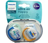 Phillips Avent - CHUPETES Ultra Air Happy - Dos unidades -  0-6 Meses - I LOVE MAMA - Alta calidad - Azul