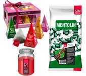 Pack surtido: MENTOLIN REGALIZ S/A BOLSA 1KG + WELL HOME - Vela perfumada de frutos rojos + WELL HOME - Caja de Té Joyfull con variedad de sabores