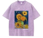 Casual Womens Cotton Washed T-Shirts Van Gogh Sunflower Printing Short Sleeve O-Neck Breathable Soft Tops Fashion Female Clothes
