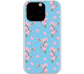 Funda compatible con iPhone 13 Pro - Patron flores rosas con fondo azul