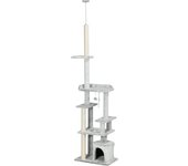 PawHut Rascador para gatos con techo alto, rascador para gatos, 225-255 cm, árbol trepador con pelota de juego, cueva para gatos, escaleras para gatos, muebles para gatos, gris claro