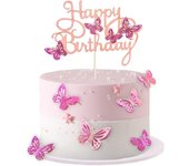 13pcs Hot Pink 3D Butterfly Cake Toppers Cupcake Topper for Girls Women's Happy Birthday Cake Topper Birthday Cake Decoration