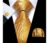 Barry.Wang Gold Beige Yellow Brown Tulip Silk Men Tie Handkerchief Cufflink Set Jacquard Necktie for Male Wedding Business Party