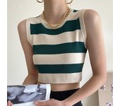 Korean Version Round Neck Striped Tank Top With Slim Fitting Casual Open Navel Knitted Sleeveless Tank Top
