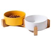 Piezas Tazón de cerámica Elevado Perro y gato Comida y agua Cuencos Pequeños y grandes Cuencos de cerámica para mascotas Color al azar Tazón elegante con soporte de bambú Cuenco de comida o cuenco de agua para perros pequeños y medianos