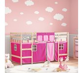 Cama alta para niños con cortinas madera pino rosa 90x200 cm