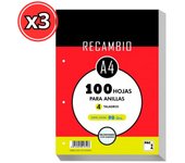 Recambios de Hojas PACSA - Tamaño A/4 - 90g - 4 Taladros - 100/120 Hojas Cuadricula de 2x2 - 3x3 - 4x4 - 5x5 - PACK 3 UND
