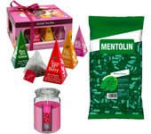 Pack relax: MENTOLIN MENTA FRESCA BOLSA 1KG + WELL HOME - Vela perfumada de frambuesa + WELL HOME - Caja de Té Joyfull con variedad de sabores