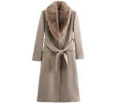 ZBZA Women's Warm Faux Fur Thick Coat Lace-up Fur Collar Long Sleeve Single Breasted Back Slit Solid Outercoat Winter Trenchcoat