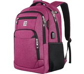Mochila para computadora portátil con puerto de carga USB y auriculares, mochila antirrobo para computadora portátil de negocios con correa de hombro acolchada y transpirable, color rosa y rojo