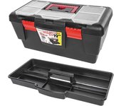 CM - Caja de Herramientas con Bandeja y Asa de Transporte. Caja de Bricolaje, Aficionados y Profesionales. Caja de Plástico, Bandeja Extraíble y Compartimentos Exteriores. Caja de Trabajo con Cierre Seguro, Organizador de Trabajo, Herramientas, Tornillos