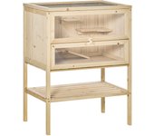PawHut Jaula de Madera para Hámster Ratones Casa de Juegos con 5 Plataformas Rampa Techo Abatible Ventana Cristal Plástico y Estante Inferior 60x40x80 cm Natural