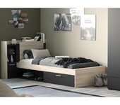 Vente-unique - Cama 90 x 200 con compartimentos - Negro y natural + Somier + colchón - MARTELO