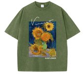Casual Womens Cotton Washed T-Shirts Van Gogh Sunflower Printing Short Sleeve O-Neck Breathable Soft Tops Fashion Female Clothes