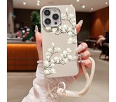 Leather Texture Soft TPU Lanyard Case For iPhone 16 15 Pro Max 14 Plus 13 12 Pro Max 11 White Flowers Printed Rope Phone Cover