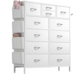 Bedroom with 12 Drawers, Tall Dresser Chest of Drawers with Side Pockets and Hooks, Fabric Dresser Storage Tower for Closet, Hallway, Living Room (Rustic Brown)