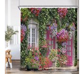 Green Vines Brick Wall Shower Curtain Pink Flowers European Garden Arch Door Bathroom Decorations Vintage Bath Curtain with Hook