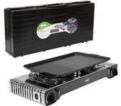 Camping Gas | Cocina Portatil | 2X Quemadores | Incluye Plancha - Parrilla De Fundicion | Acero Inoxidable | 2,2 Kw Potencia x 2