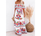 2025 primavera y verano nuevos vestidos de las mujeres, un hombro, impreso vestidos largos swing grande