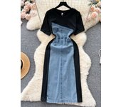 2024 Summer Women's Fashion Contrast Denim Round Neck Short Sleeve Dress