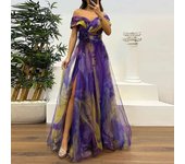 2025 Casual Pleats Women's Long Dresses New Summer Mesh Printed Lady Evening Fashion Strapless Slim Fit Split Party Dress
