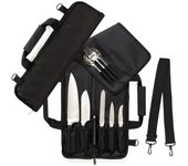 Chef Knife Roll Bag (6 slots) is Padded and Holds 5 Knives PLUS a Protected Pouch for Your Knife Steel! Our Durable Knife Carrier Includes Shoulder Strap, Handle, and Business Card Holder. (Bag Only)