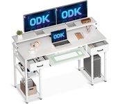 Ordenador, Escritorio con 2 Cajones y Bandeja para Teclado, Escritorio de Oficina con Soporte para Monitor, Mesa de Escritorio con Estante Reversible para Oficina (Blanco)