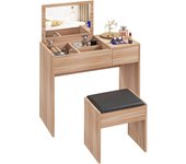 Tocador de Maquillaje con Taburete Mesa de Maquillaje con Espejo Tapa Abatible y Cajas de Almacenamiento 80x40x79 cm y 40x30x40 cm Natural