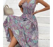 Vestido estampado con cuello en V a la moda verano mujer, vestidos largos de cintura alta para mujer