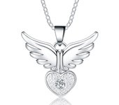 925 Sterling Silver Heart Wing AAAAA Zircon Pendant Necklace Jewelry