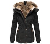 Chaqueta de Algodón con Cuello de cuero para Invierno, chaqueta de Algodón con capucha y Cremallera de manga Larga para Mujer